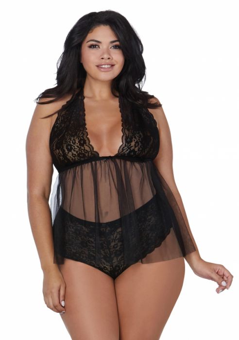 Dreamgirl+%2D+Retro%2C+Lace+%26+Mesh+Halter+Babydoll+Black