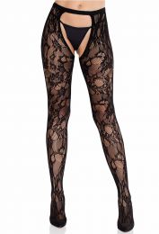 LEG AVENUE - ROSE LACE CROTCHLESS TIGHTS WITH OPEN BACK OS