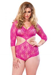 Leg Avenue - Queen size Cut Out Floral Lace Teddy fuscia