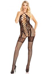 LEG AVENUE - HEART NET HALTER BODYSTOCKING BLACK OS