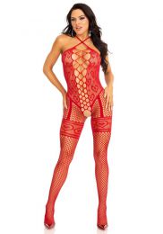 LEG AVENUE - HEART NET HALTER BODYSTOCKING RED OS